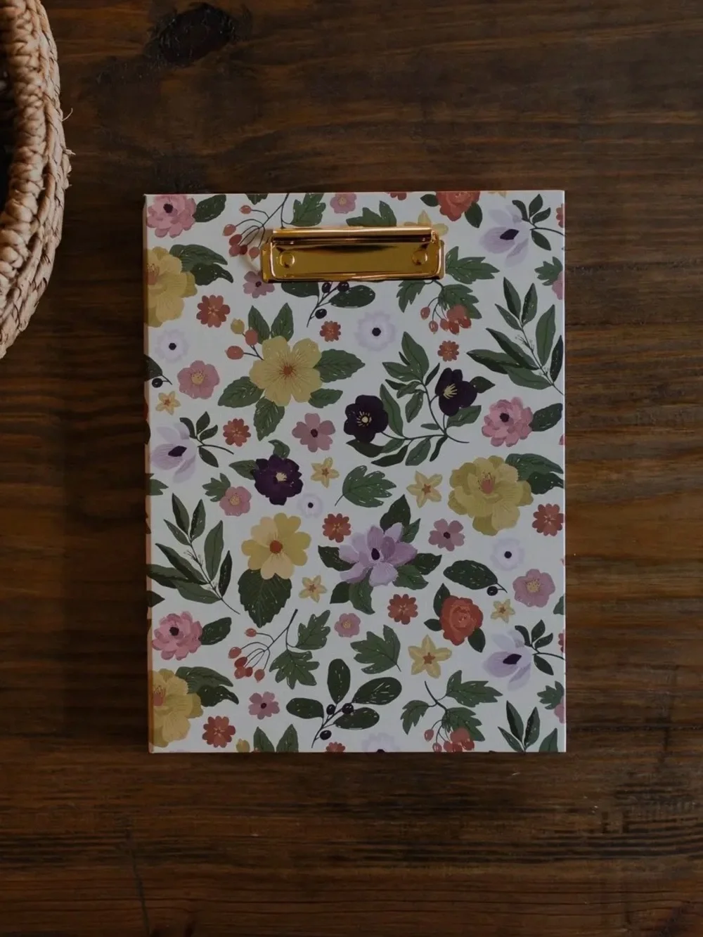 Floral Clipboard Notebook with Gold Clip - White Floral